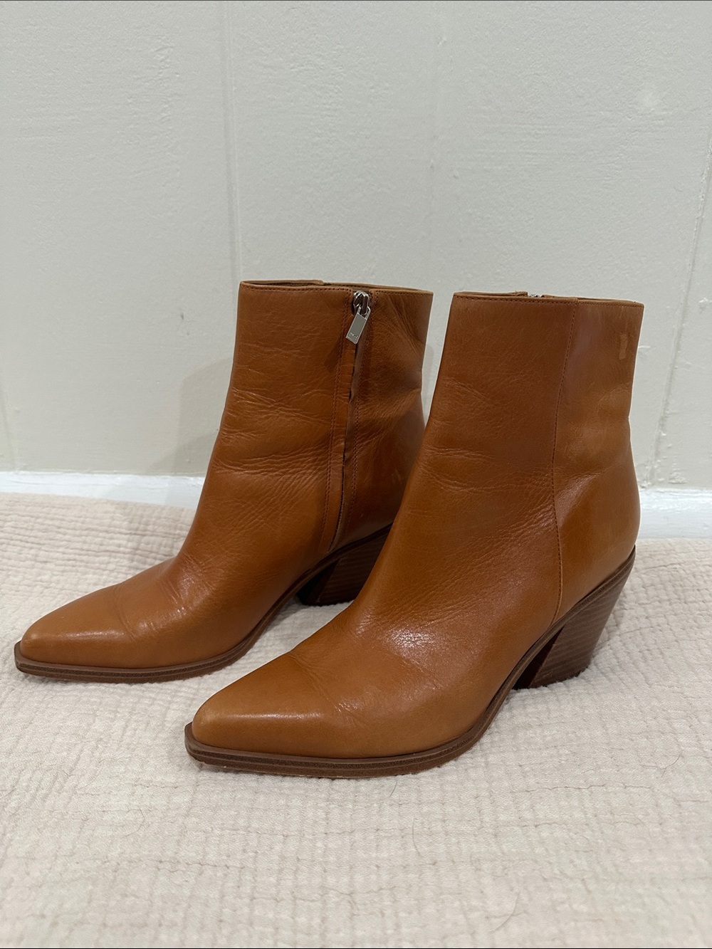 Marc Fisher Tan Leather Pointed Ankle Boots with Side Zip
